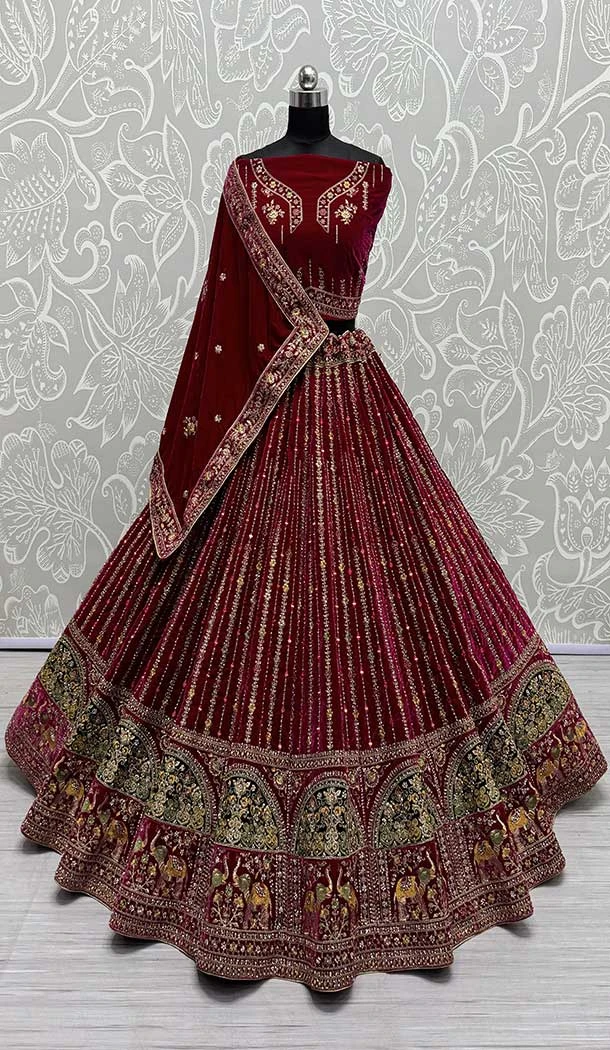 Pink Velvet Diamond Work Designer Bridal Wear Lehenga Choli -145539446
