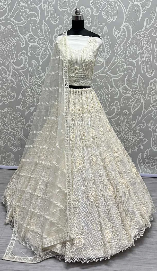 Net Embroidery Work Bridal Wear Women Lehenga Choli In White -145589465