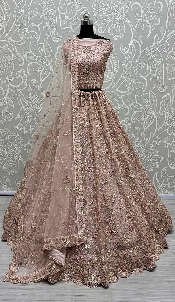 Net Embroidery Work Bridal Wear Women Lehenga Choli In Peach -145589466