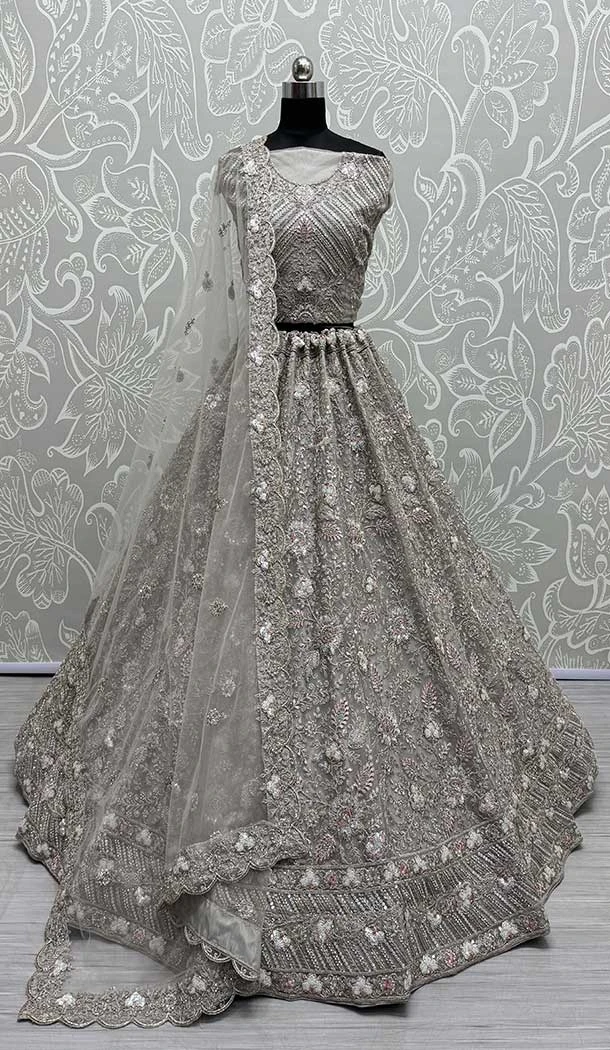 Net Embroidery Work Bridal Wear Women Lehenga Choli In Grey -145589467