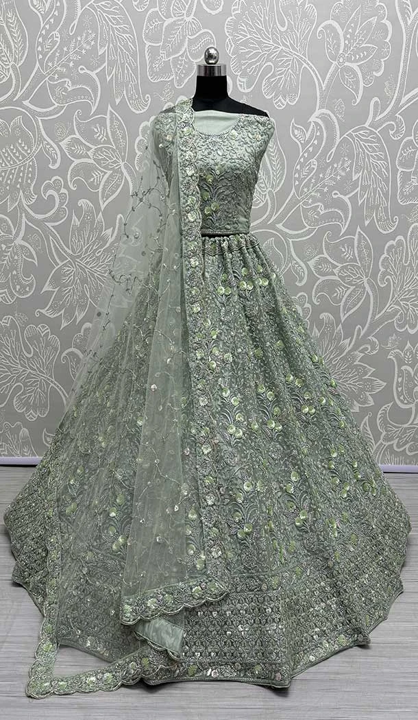 Net Embroidery Work Bridal Wear Women Lehenga Choli In Pista Green -145589468