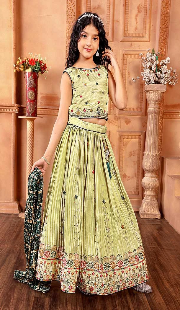 Chinon Embroidery Work Designer Kids Girls Lehenga Choli In Lime Green -145629491