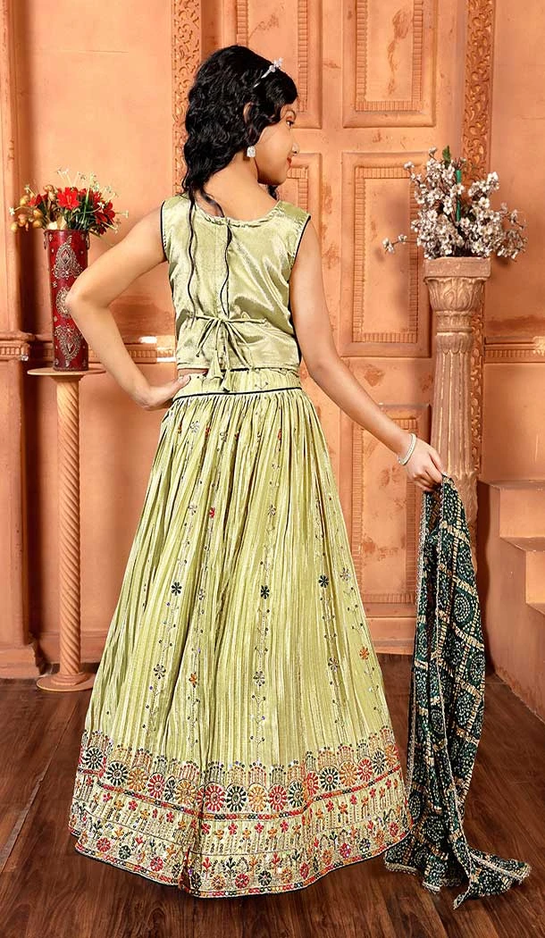 Chinon Embroidery Work Designer Kids Girls Lehenga Choli In Lime Green -145629491