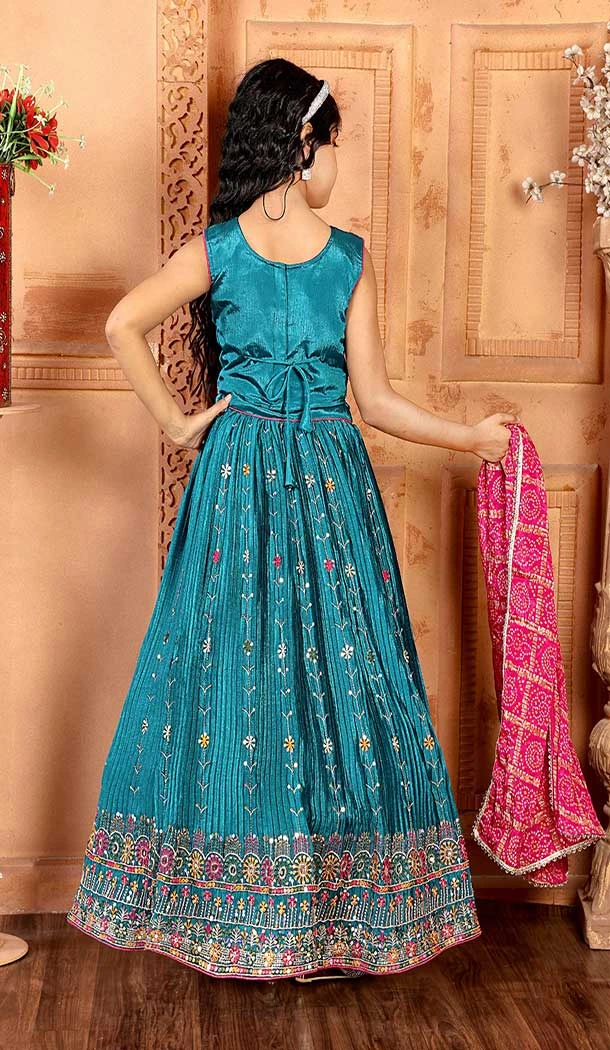Chinon Embroidery Work Designer Kids Girls Lehenga Choli In Blue -145629492