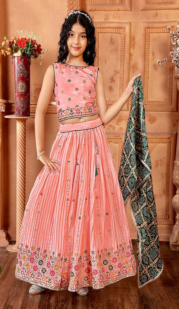 Chinon Embroidery Work Designer Kids Girls Lehenga Choli In Peach -145629493