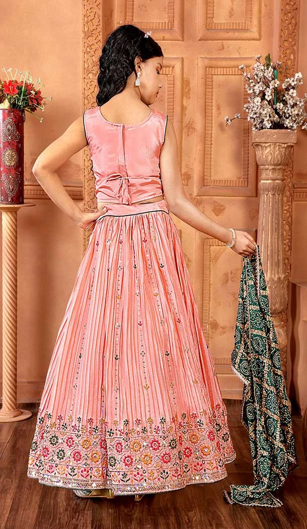 Chinon Embroidery Work Designer Kids Girls Lehenga Choli In Peach -145629493