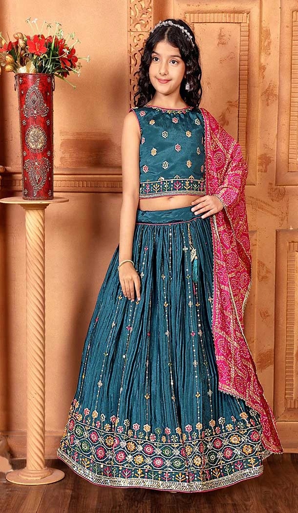 Chinon Embroidery Work Designer Kids Girls Lehenga Choli In Teal Blue -145629494