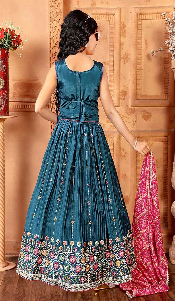 Chinon Embroidery Work Designer Kids Girls Lehenga Choli In Teal Blue -145629494