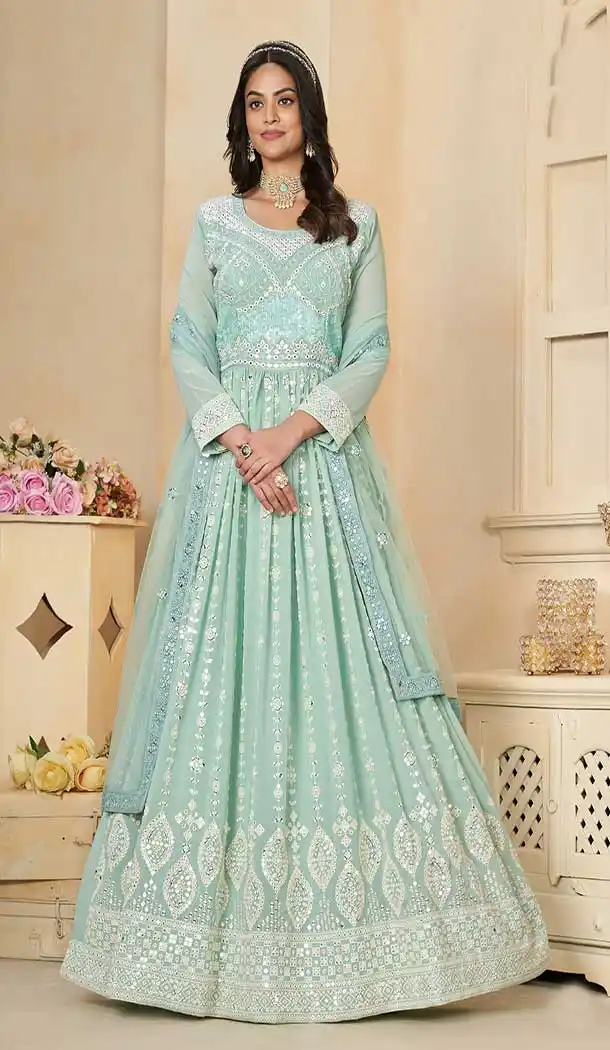 Georgette Embroidery Work Anarkali Style Salwar Suit In Sky Blue - 9277186505