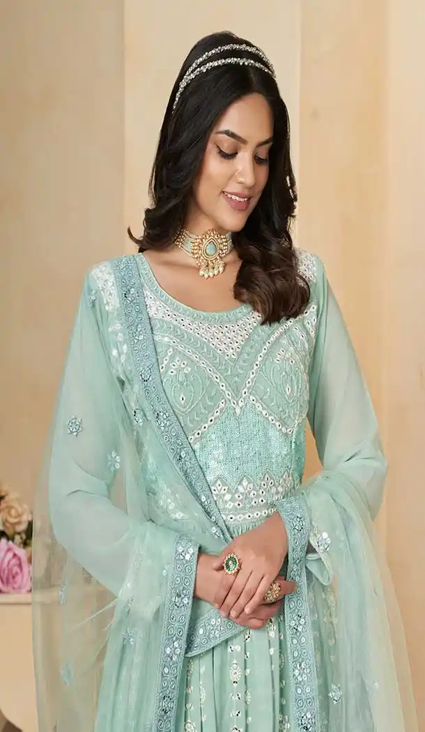 Plus Size Georgette Embroidery Work Anarkali Style Salwar Suit In Sky Blue - 9277186505