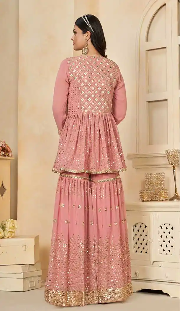 Georgette Thread Work Party Wear Sharara Suit In Pink - 9277186506