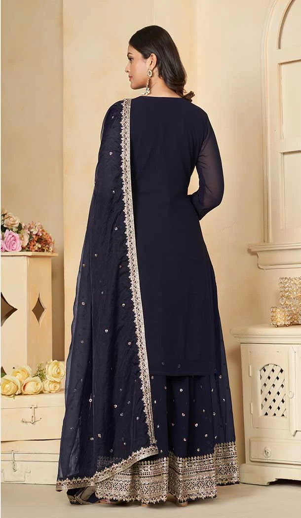 Georgette Sequence Work Party Wear Palazzo Salwar Suit In Navy Blue - 9277186507