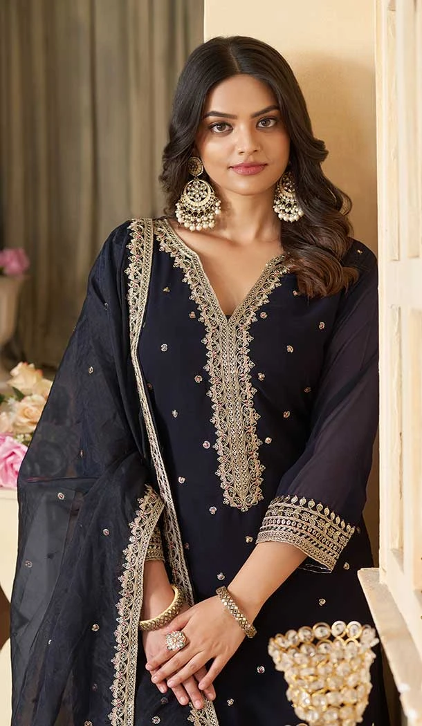 Georgette Sequence Work Party Wear Palazzo Salwar Suit In Navy Blue - 9277186507