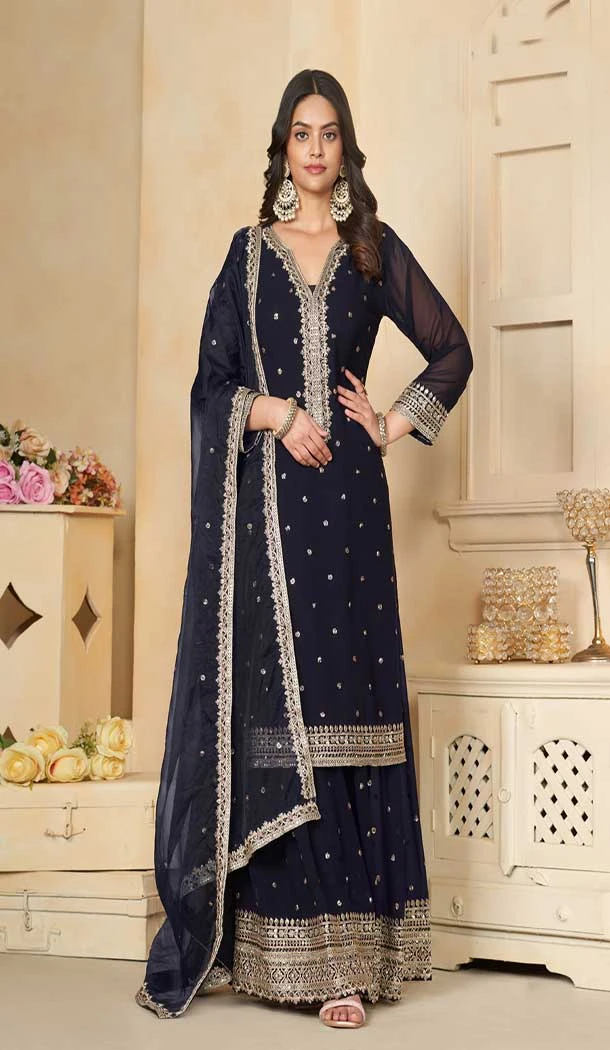 Georgette Sequence Work Party Wear Palazzo Salwar Suit In Navy Blue - 9277186507