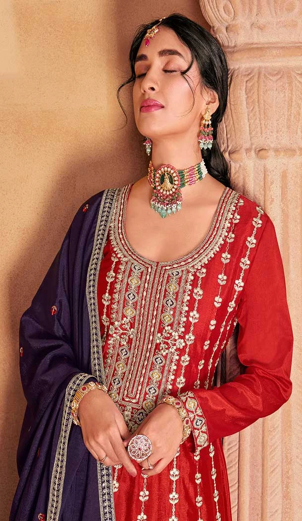 Premium Chinon Embroidery Work Red Designer Palazzo Salwar Suit - 9314186664
