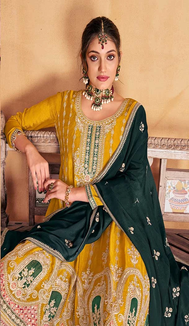 Premium Chinon Embroidery Work Yellow Designer Palazzo Salwar Suit - 9314186665