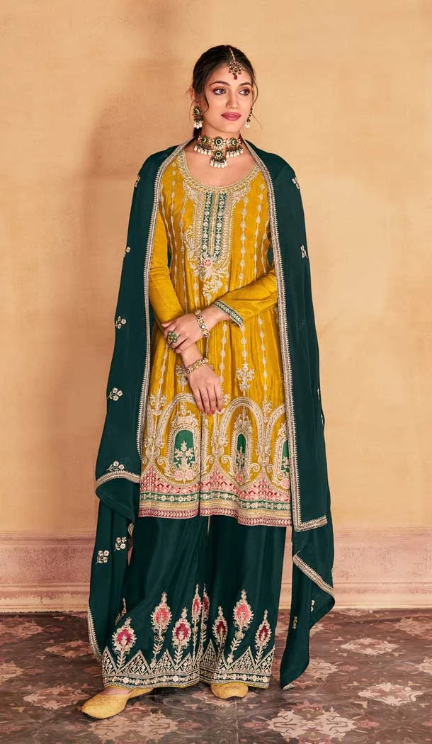 Premium Chinon Embroidery Work Yellow Designer Palazzo Salwar Suit - 9314186665