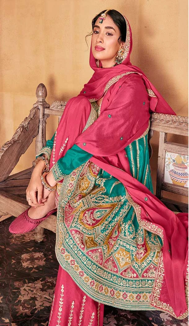 Premium Chinon Embroidery Work Rama Blue Designer Palazzo Salwar Suit - 9314186666