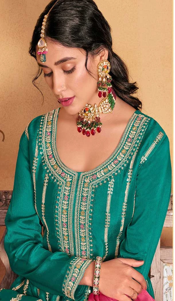 Premium Chinon Embroidery Work Rama Blue Designer Palazzo Salwar Suit - 9314186666