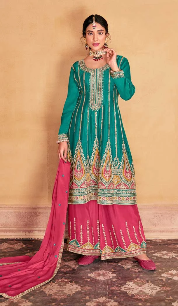 Premium Chinon Embroidery Work Rama Blue Designer Palazzo Salwar Suit - 9314186666
