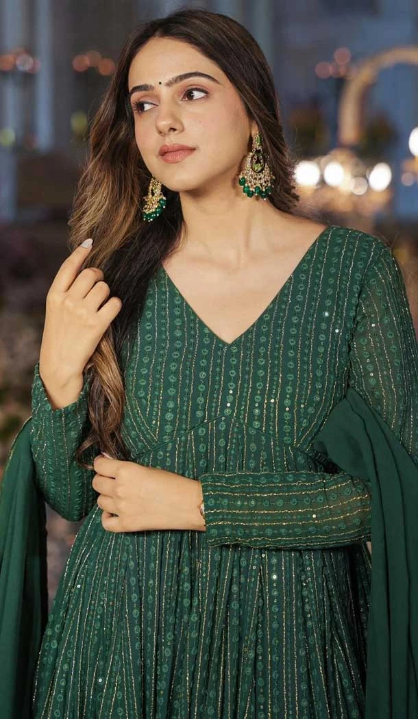 Georgette Embroidery Work Party Wear Anarkali Suits In Green - 9316186672