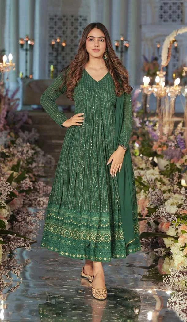 Georgette Embroidery Work Party Wear Anarkali Suits In Green - 9316186672