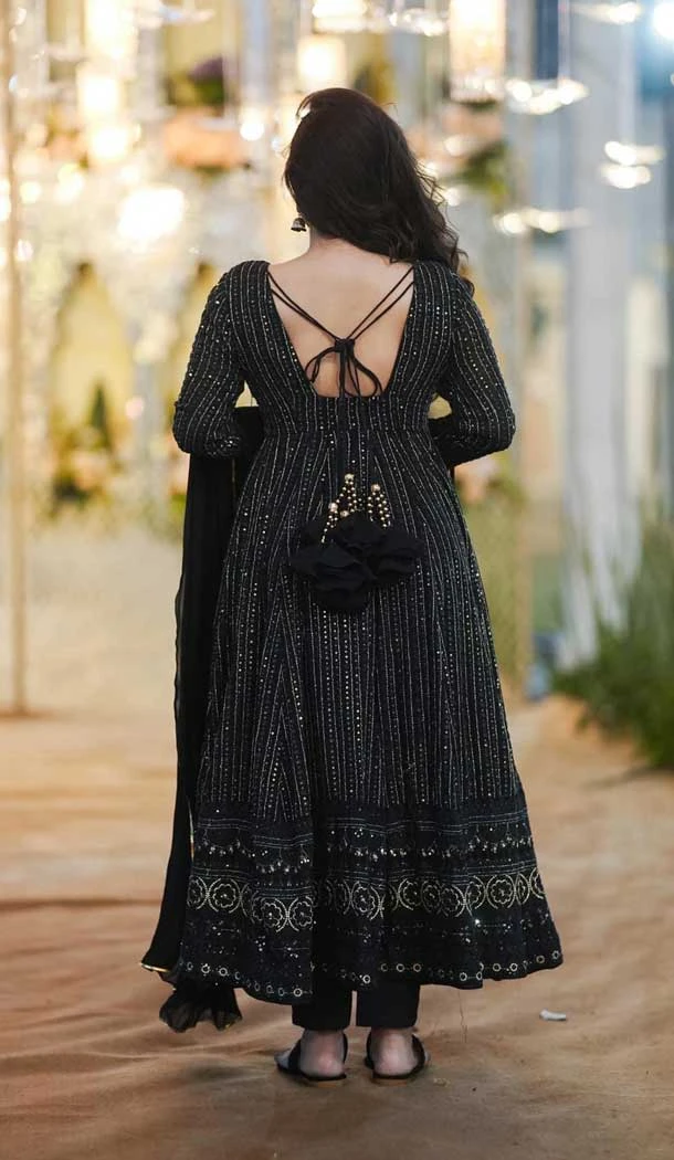 Georgette Embroidery Work Party Wear Anarkali Suits In Black - 9316186673