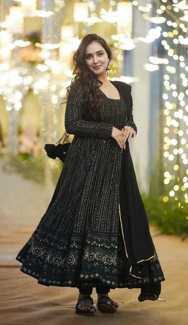 Georgette Embroidery Work Party Wear Anarkali Suits In Black - 9316186673