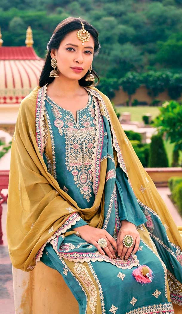 Chinon Embroidered Party Wear Palazzo Salwar Suit In Sky Blue Color - 9324186709