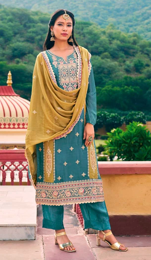 Chinon Embroidered Party Wear Palazzo Salwar Suit In Sky Blue Color - 9324186709