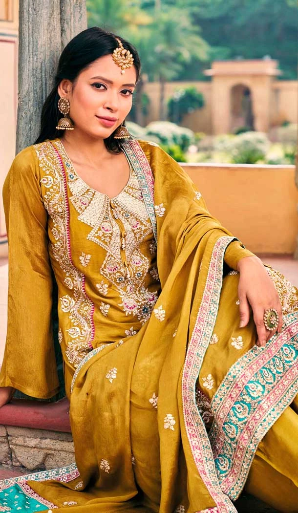 Chinon Embroidered Party Wear Palazzo Salwar Suit In Mustard Color - 9324186710
