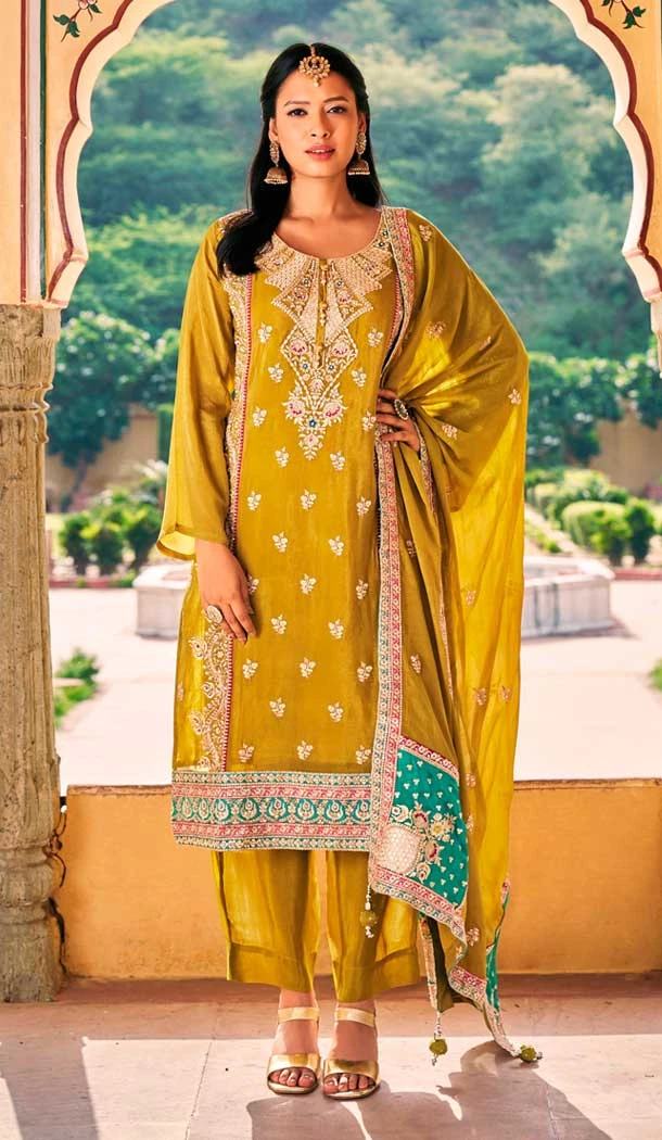 Chinon Embroidered Party Wear Palazzo Salwar Suit In Mustard Color - 9324186710