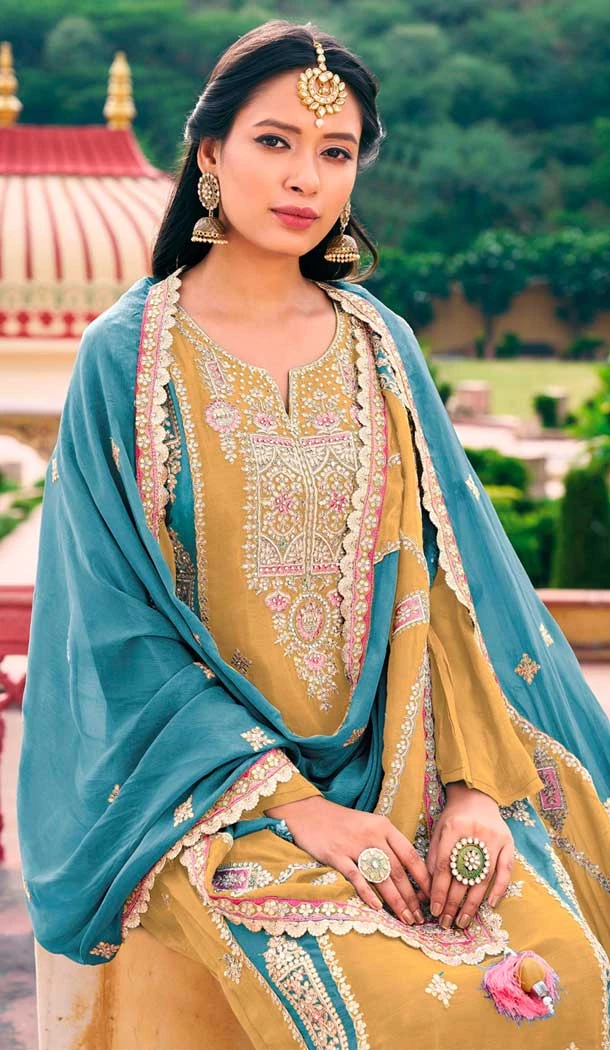 Chinon Embroidered Party Wear Palazzo Salwar Suit In Yellow Color - 9324186711