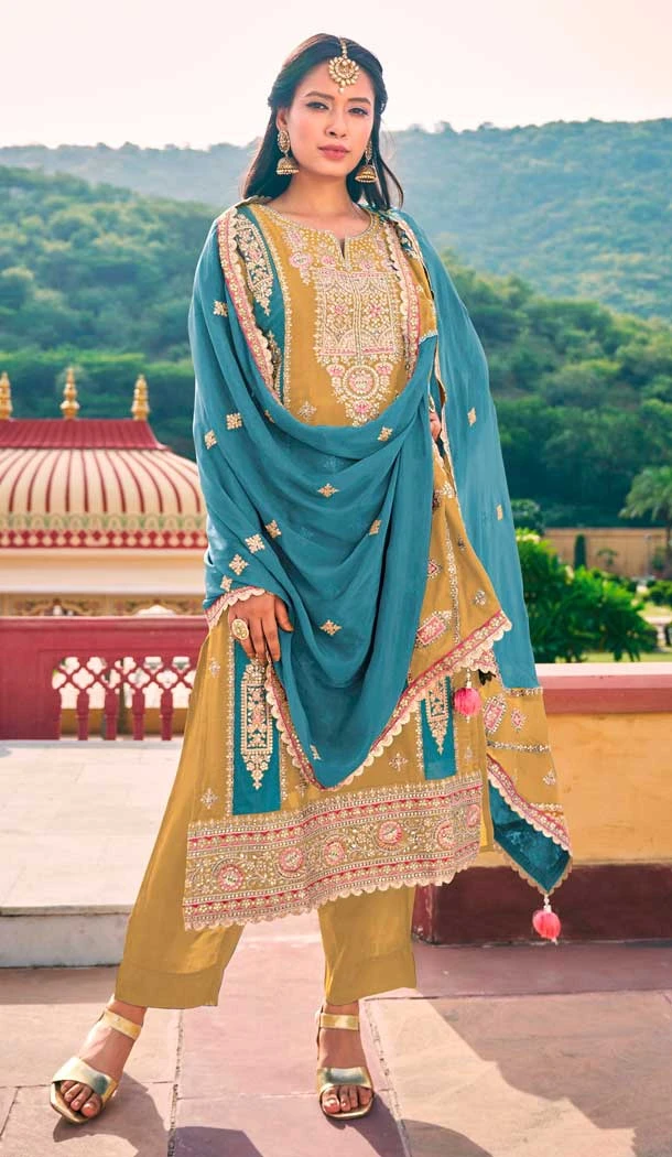 Chinon Embroidered Party Wear Palazzo Salwar Suit In Yellow Color - 9324186711