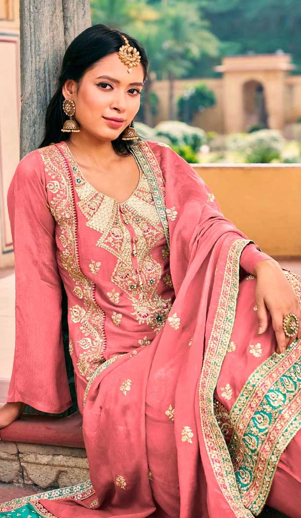 Chinon Embroidered Party Wear Palazzo Salwar Suit In Pink Color - 9324186712