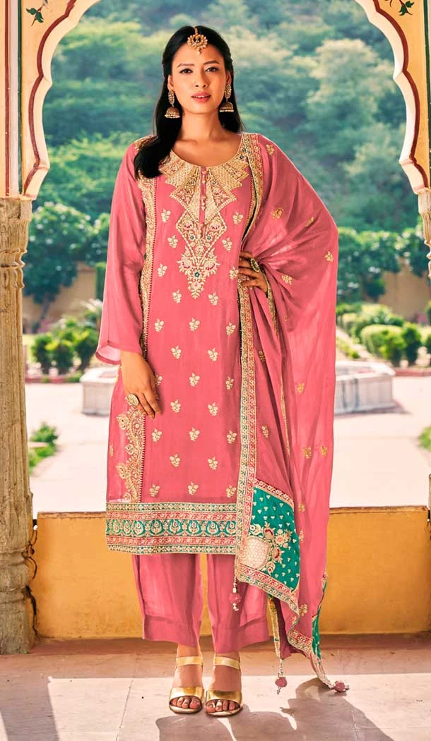 Chinon Embroidered Party Wear Palazzo Salwar Suit In Pink Color - 9324186712