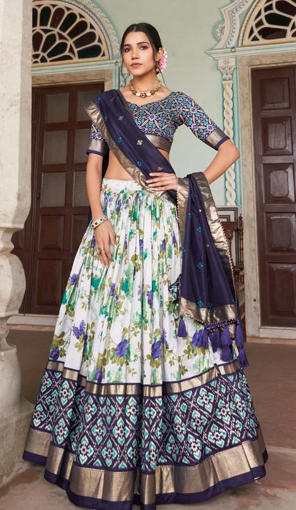 Blue Tussar Silk Patola Print Work Party Wear Lehenga Choli - 9339186758