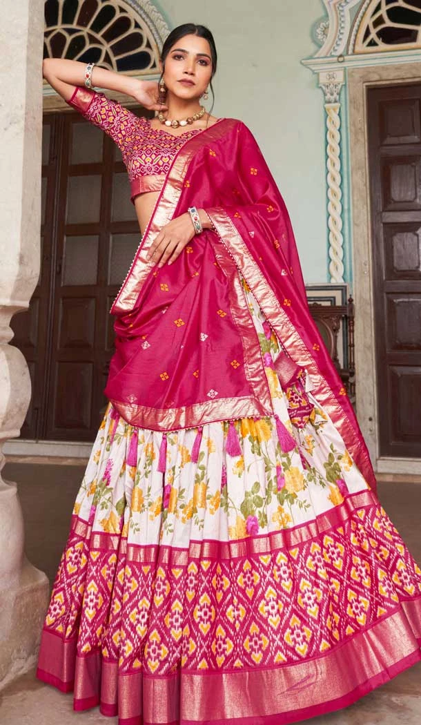 Pink Tussar Silk Patola Print Work Party Wear Lehenga Choli - 9339186759