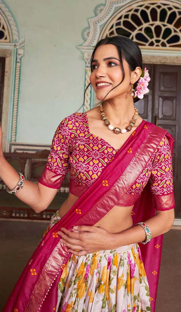 Pink Tussar Silk Patola Print Work Party Wear Lehenga Choli - 9339186759