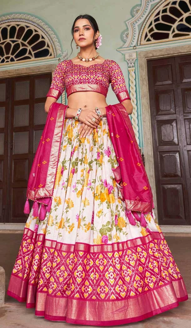 Pink Tussar Silk Patola Print Work Party Wear Lehenga Choli - 9339186759