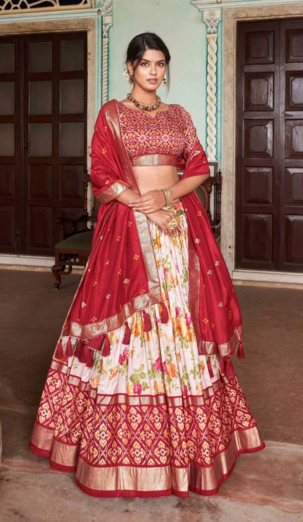 Red Tussar Silk Patola Print Work Party Wear Lehenga Choli - 9339186760