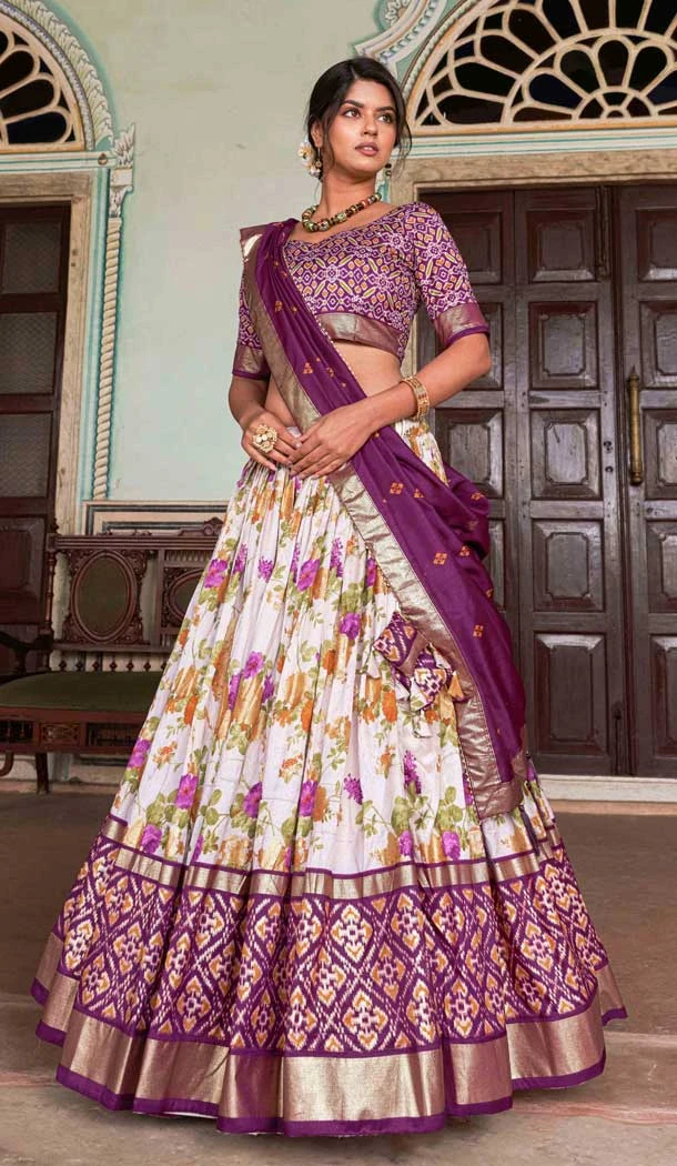 Purple Tussar Silk Patola Print Work Party Wear Lehenga Choli - 9339186761