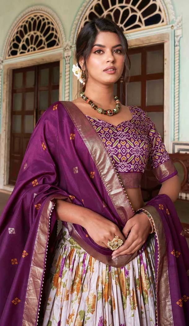 Purple Tussar Silk Patola Print Work Party Wear Lehenga Choli - 9339186761