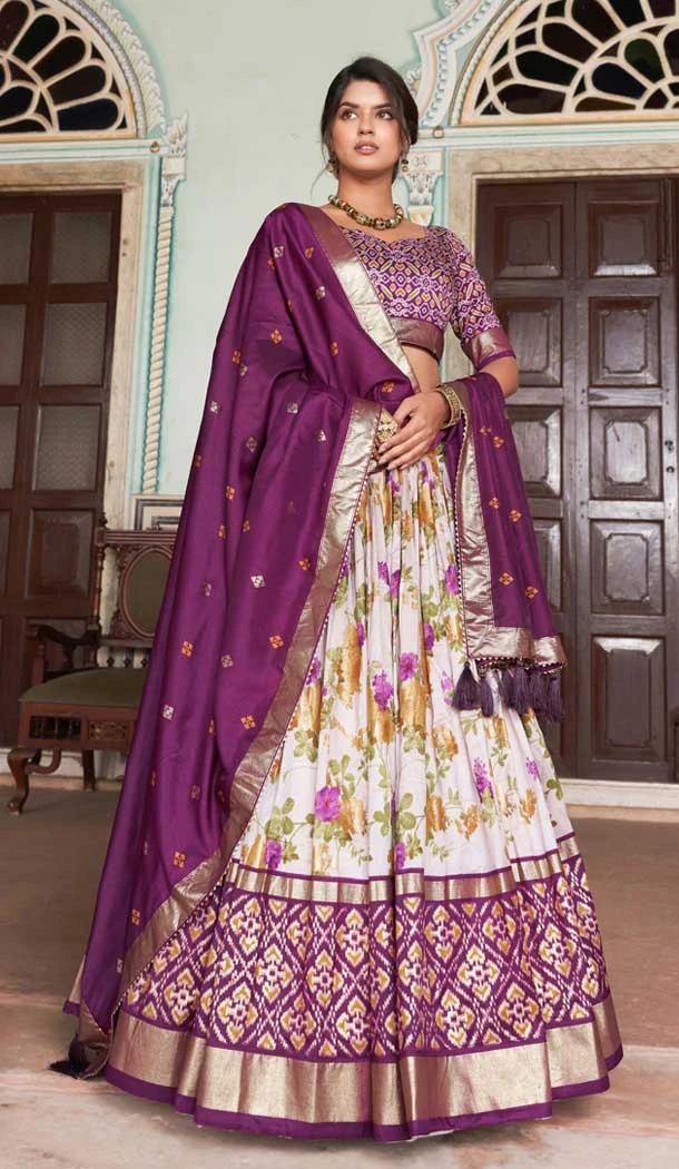 Purple Tussar Silk Patola Print Work Party Wear Lehenga Choli - 9339186761
