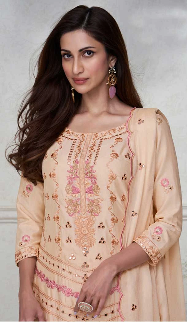 Chinon Silk Embroidered Readymade Sharara Suit In Peach - 9340186762