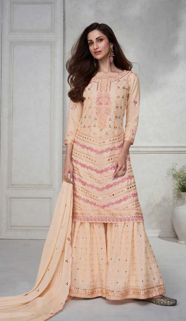 Chinon Silk Embroidered Readymade Sharara Suit In Peach - 9340186762