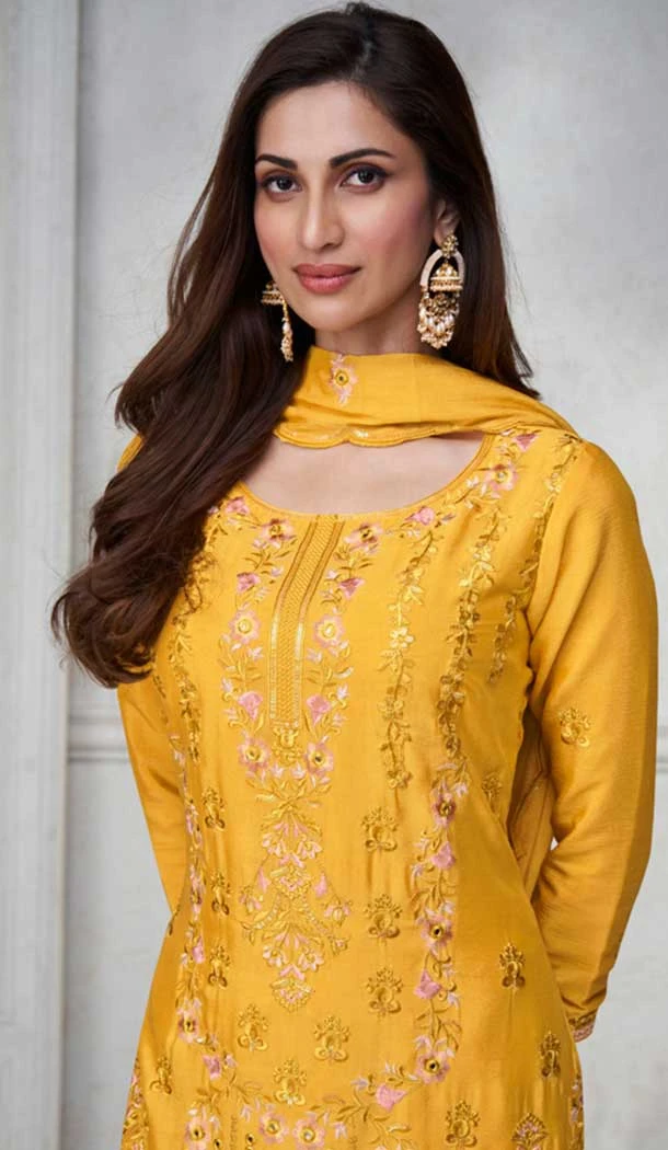 Chinon Silk Embroidered Readymade Sharara Suit In Yellow - 9340186763