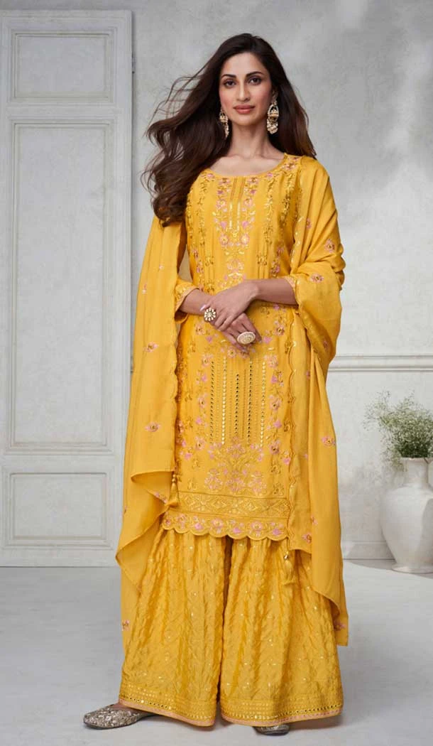 Chinon Silk Embroidered Readymade Sharara Suit In Yellow - 9340186763