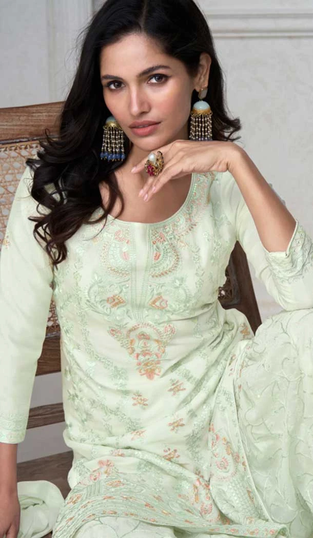 Chinon Silk Embroidered Readymade Sharara Suit In Light Pista - 9340186764