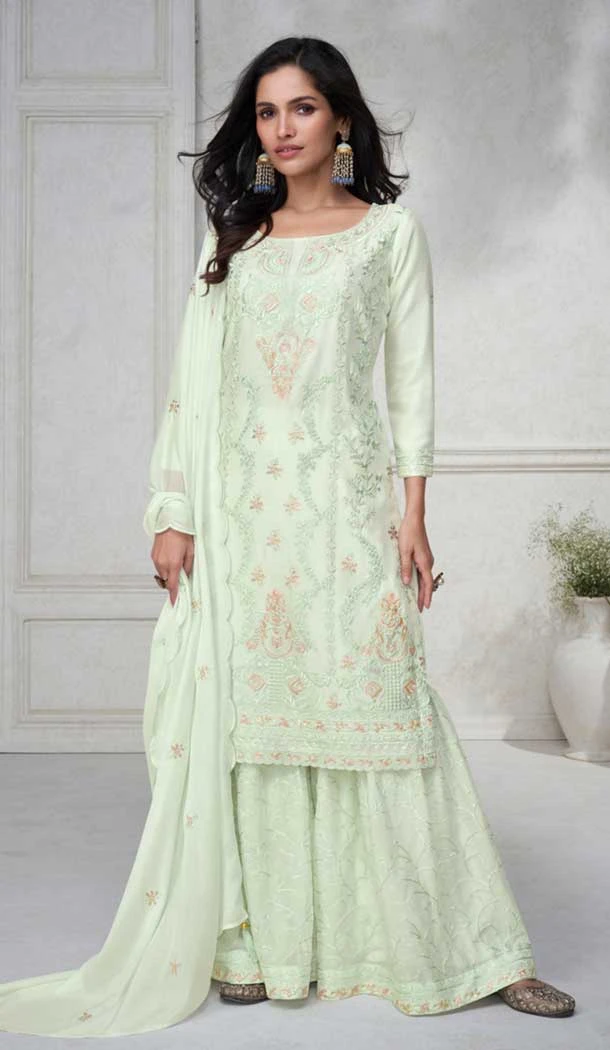Chinon Silk Embroidered Readymade Sharara Suit In Light Pista - 9340186764